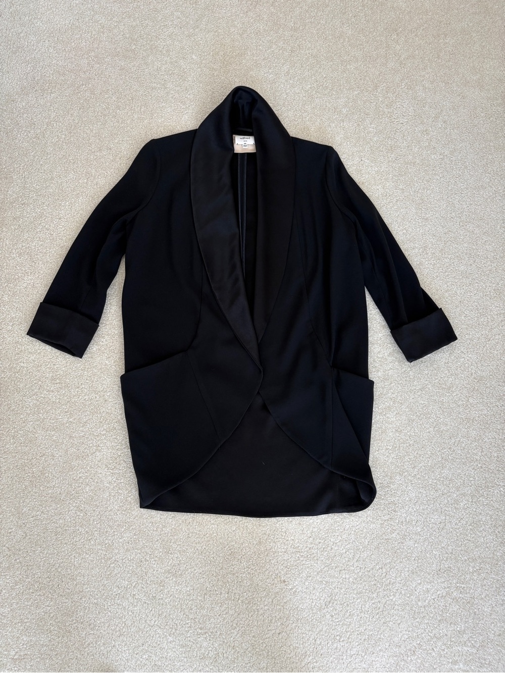 Wilfred Women's Black Draped Open-Front Coat with Satin Trim from Aritzia